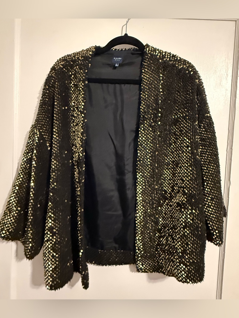 Kaari Blue black and gold sequin open-front kimono-style jacket size Large